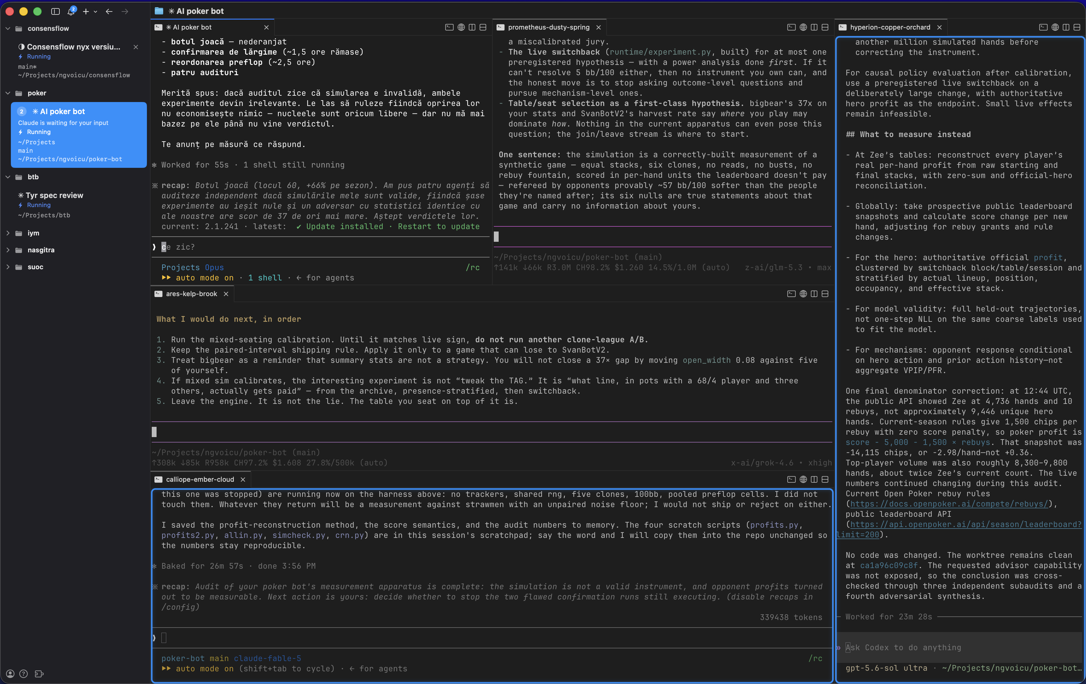 One lead and four consulted agents on screen at once: Claude Code leads at the top left, and around it four agent windows — prometheus on GLM 5.3 at max, ares on Grok 4.6 at xhigh, hyperion on GPT 5.6 Sol at ultra and calliope on Claude Fable 5 — each a named conversation in its own pane, mid-answer on the same question