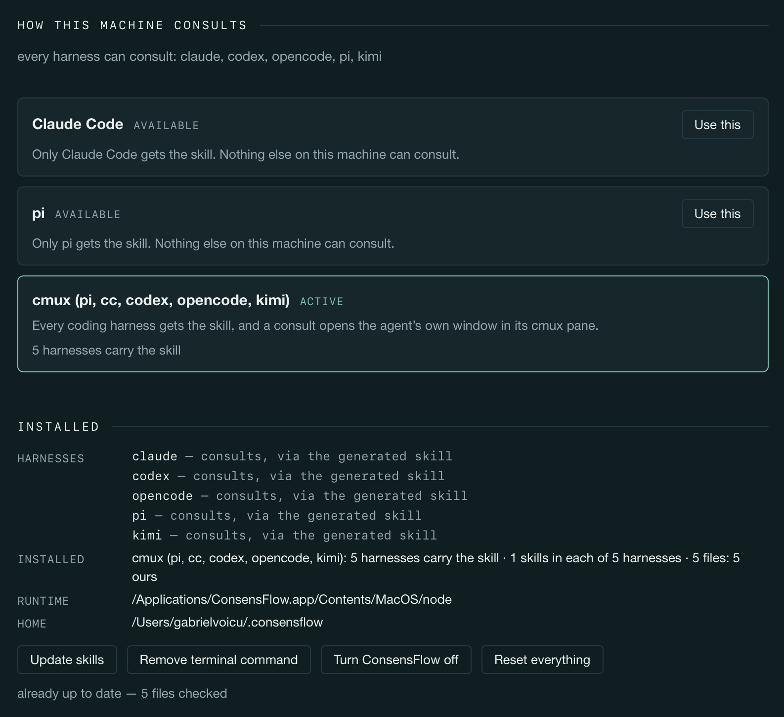 The “How this machine consults” panel: Claude Code and pi marked available with a “Use this” button each, cmux (pi, cc, codex, opencode, kimi) marked active, and the installed state below listing all five harnesses carrying the generated skill